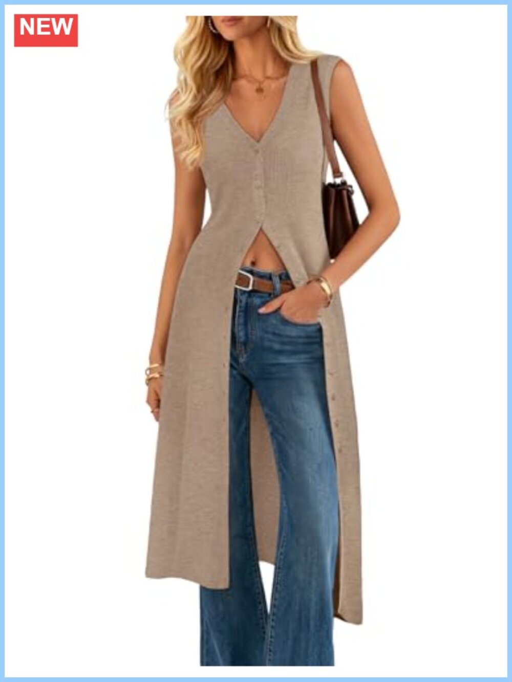Sleeveless Long Cardigan Sweater V Neck Button Knit Duster Beach Cover Up